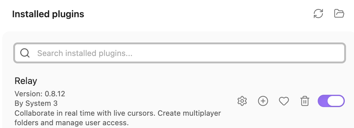 Relay version 0.8.12 displayed under Installed plugins in Obsidian settings.
