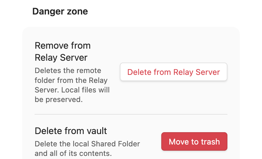 Shared Folder Danger zone with an arrow pointing to Move to trash.