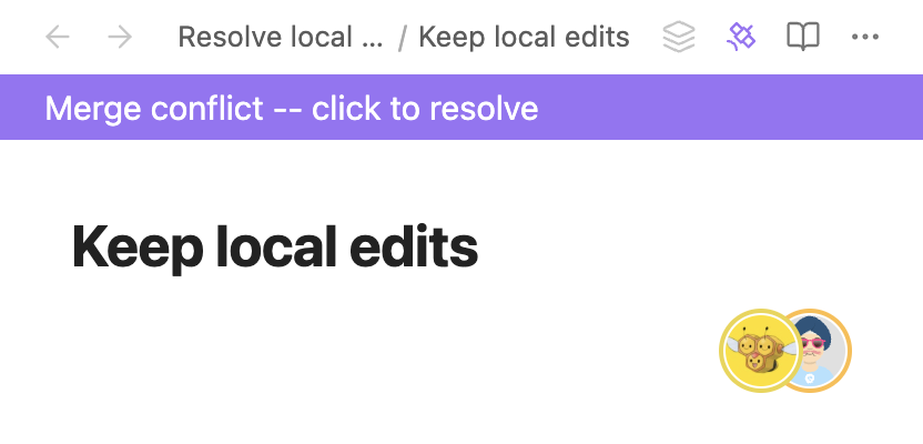 The purple Merge conflict -- click to resolve banner appears above the open note.