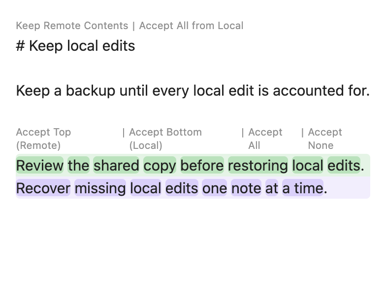 File diff shows whole-note choices at the top and separate choices above a highlighted block. The Remote text says to review the shared copy; the Local text says to recover missing edits one note at a time.