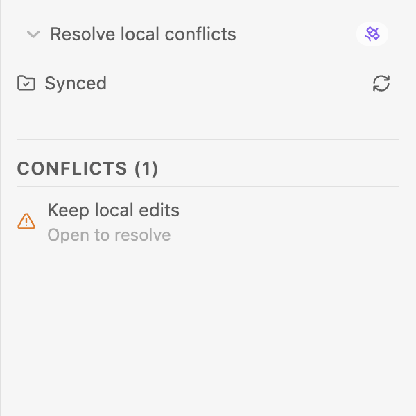Relay’s Sync status sidebar lists Keep local edits under Conflicts (1), with Open to resolve beneath the name. The folder heading also says Synced.